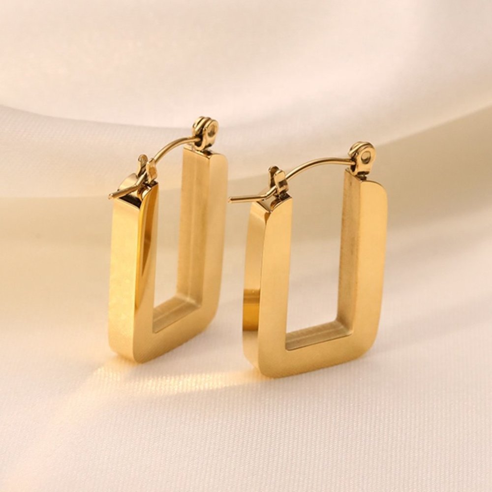 Square U-Shape Hoop Earrings PVD 18K Gold Plated Stainless Steel - Picture 5 of 10